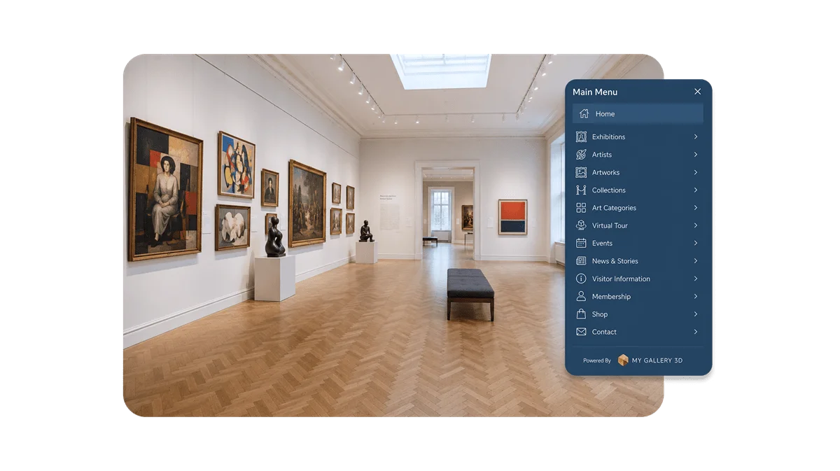 Virtual gallery tour with a menu linking exhibitions, collections and floors