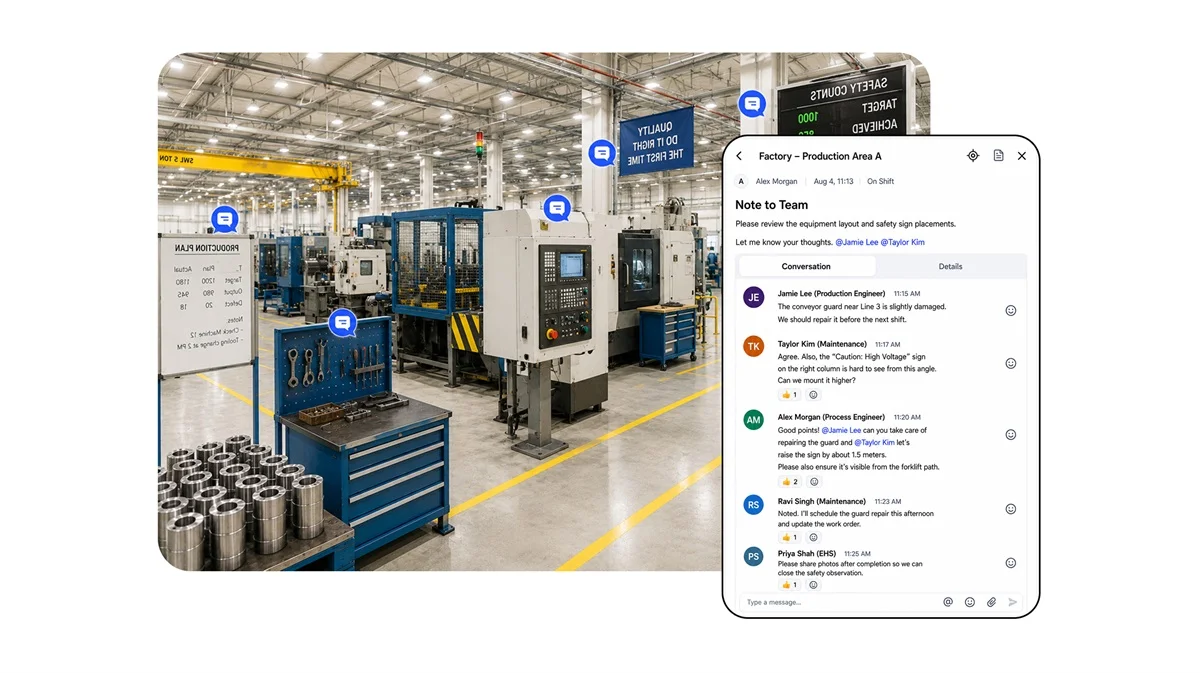 Team notes and photos pinned to equipment inside an oil and gas digital twin