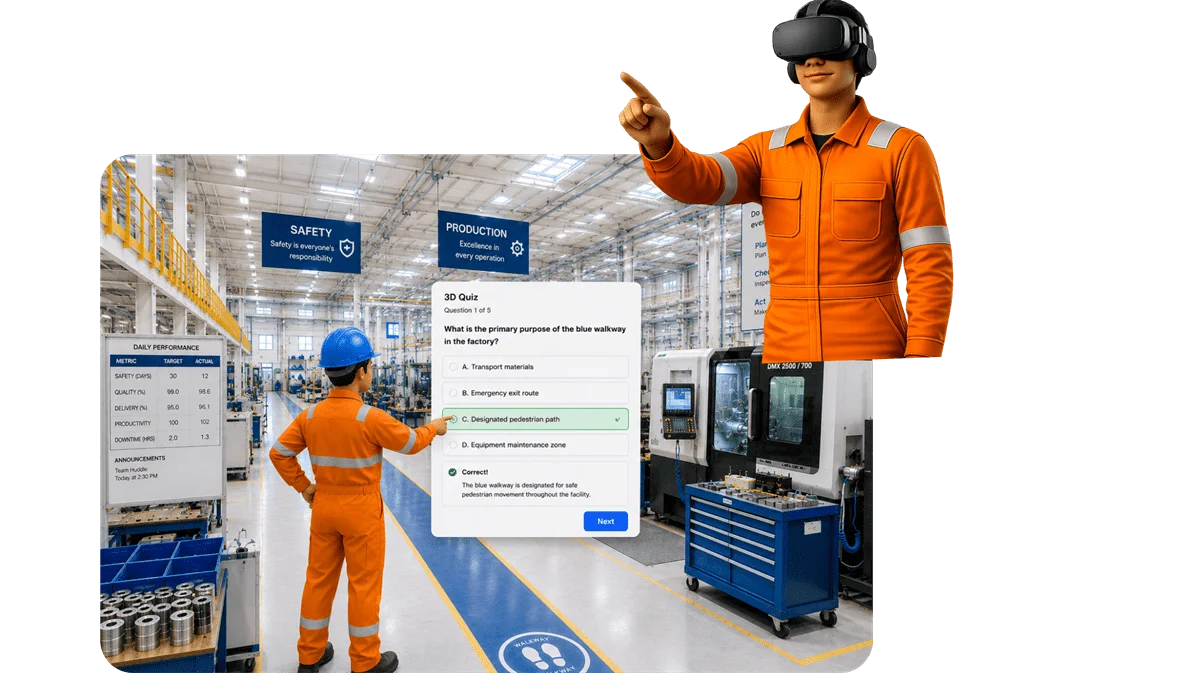 VR training and onboarding scenario inside a 3D model of a factory