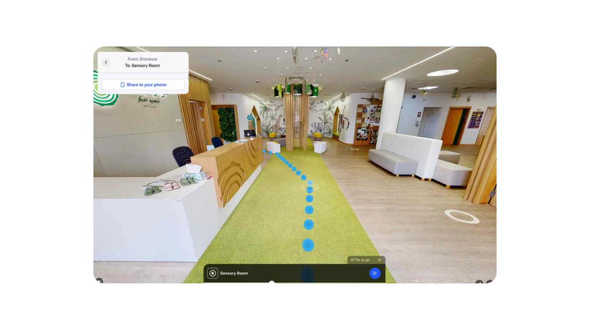 Step-by-step indoor navigation route through a school reception inside a 3D virtual tour